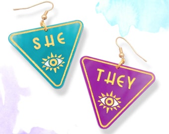 Pronoun earring, trans nonbinary earrings, queer liberation, trans pride, neopronouns, teal purple gold