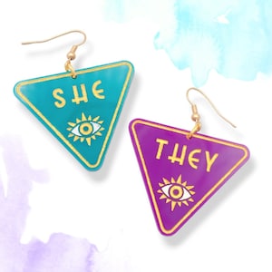 Pronoun earring, trans nonbinary earrings, queer liberation, trans pride, neopronouns, teal purple gold image 1