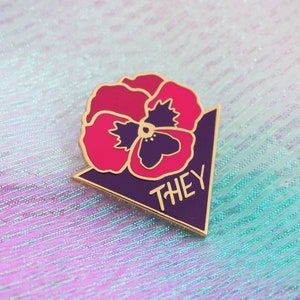 THEY pansy enamel pin they them pronouns, queer jewelry, trans liberation, nonbinary pin, queer magic, trans pride, nonbinary pride, queer image 1