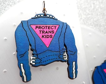 Protect Trans Kids earring, LGBTQ pride, trans liberation, queer punk moto jacket, handmade, queer owned shop