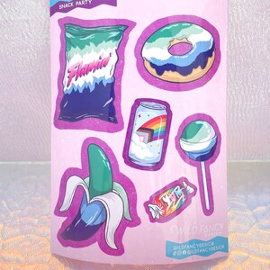 May include: A set of stickers featuring a green, blue, and white color scheme. The stickers include a bag of chips, a donut, a can of soda, a lollipop, a banana, and a piece of candy. The stickers are on a pink background with the text "Gay Men's Snack Party" at the top.
