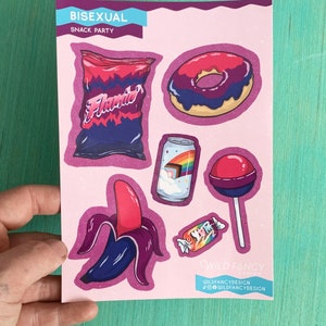 Bisexual snacks sticker sheet | lesbian, gay, queer, pansexual, trans, nonbinary, agender, ace, aro, intersex, vinyl waterproof permanent