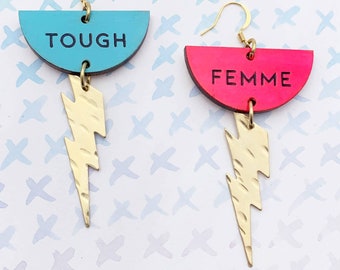 Tough Femme earrings w brass lightning bolts