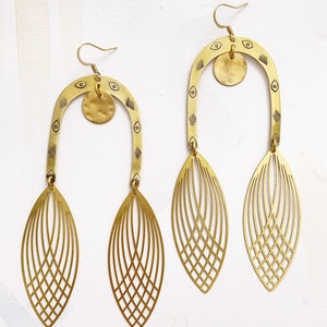 Moth earrings: brass arch with hammered moon, eyes, diamonds and wings