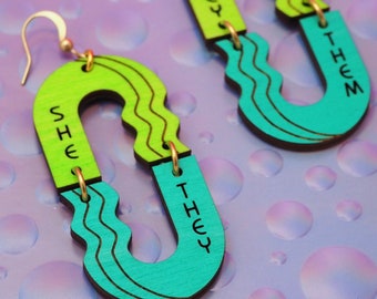 PRONOUN earring, nonbinary jewelry, queer liberation, trans pride, nonbinary fashion, lgbtq gift, neon, aesthetic, they she he, neopronoun