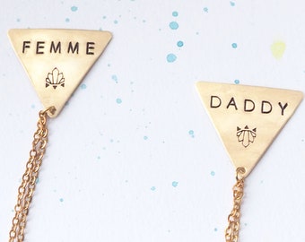 FEMME DADDY collar chains, with hand-stamped brass triangles