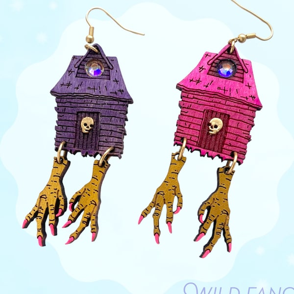 Baba Yaga's hut, witch earrings, witch house, queer art, queer jewelry, lesbian witch art, halloween gifts, pastel goth, wearable art