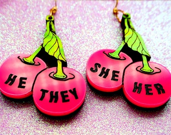 Pronoun earring, neon pink cherry, she he they ze, nonbinary trans genderqueer pride, fruit, bold jewelry, handmade, queer owned shop