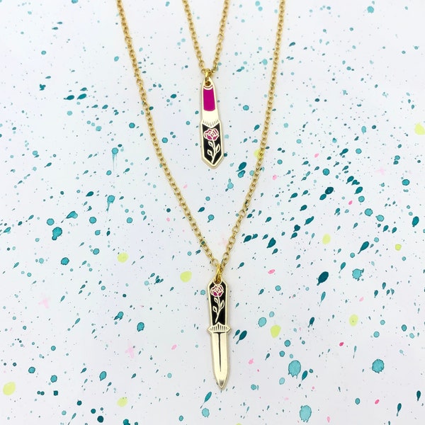 lipstick + dagger double necklace | lipstick necklace, knife necklace, knife jewelry, queer gifts, androgynous jewelry, nonbinary gifts