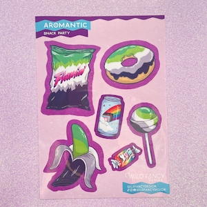 Aromantic snacks sticker sheet | lesbian, gay, pansexual, queer, trans, bisexual, nonbinary, asexual, aro, intersex, donut lollipop chips
