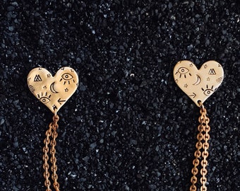 Love + Power collar chains, sweater clips, gold brass hearts, handmade queer protection jewelry