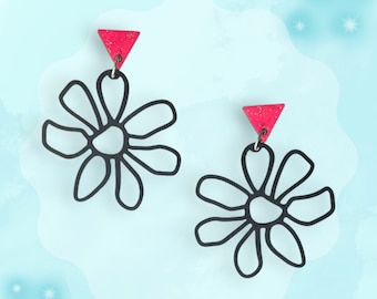 Queer punk daisy earring, black flower earring, neon pink triangle glitter, floral goth, handmade