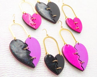 Broken Heart earring LARGE, heart padlock, pastel goth black purple glitter neon, anti valentine