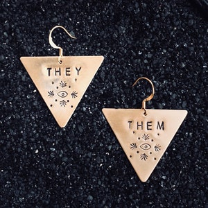 PRONOUN earrings: queer jewelry, trans earring, nonbinary fashion, neopronoun, they she he, eye earring, queer owned, queer magic, witch