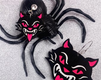 Brinco de gato preto assustador, chiado de vagina, estilo vintage retrô, feito à mão, joias rosa de Halloween