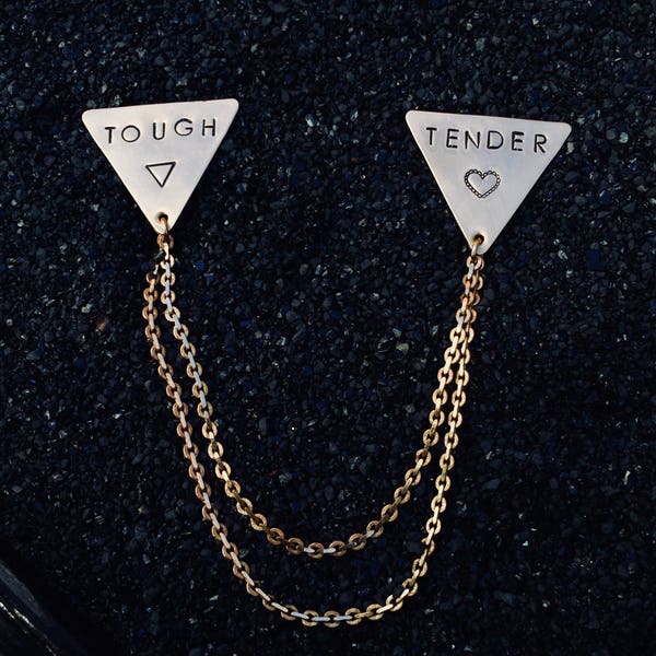 TOUGH/TENDER collar chains, with hand-stamped brass triangles