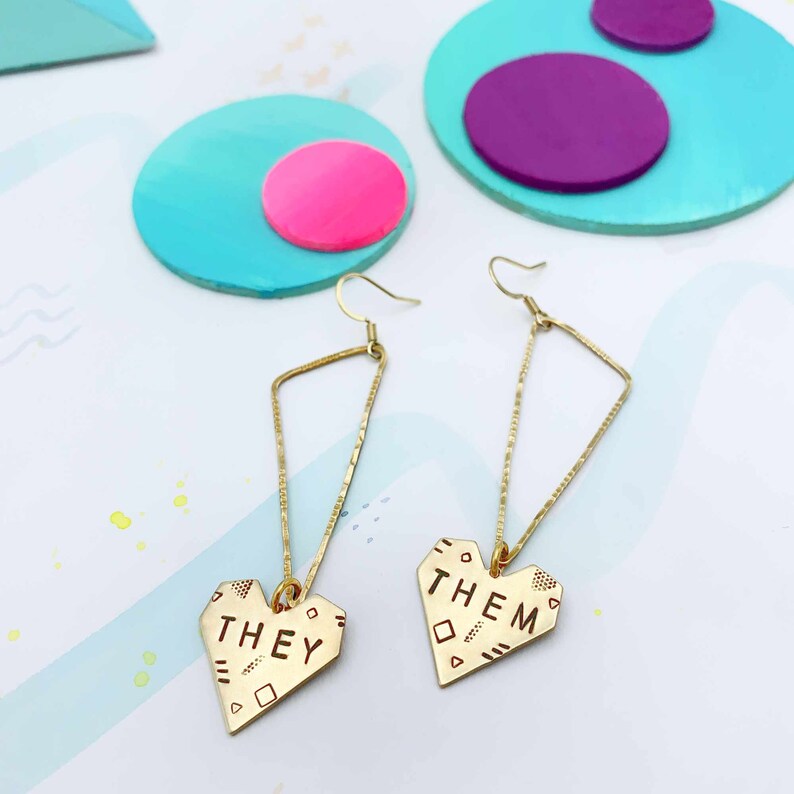 THEY/THEM pronoun earrings lil hearts image 1