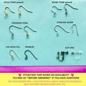May include: A variety of earring hook styles, including gold tone, silver tone, stainless steel, sterling silver, 14k gold fill, niobium, and clip ons. The image includes a ruler for size reference. Styles may vary based on availability. Please message us before ordering if you have questions. See item description and FAQ for details about earhook materials, best options for skin sensitivity, etc.