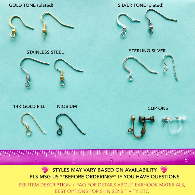 May include: A variety of earring hook styles, including gold tone, silver tone, stainless steel, sterling silver, 14k gold fill, niobium, and clip ons. The image includes a ruler for size reference. Styles may vary based on availability. Please message us before ordering if you have questions. See item description and FAQ for details about earhook materials, best options for skin sensitivity, etc.