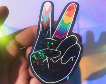 pride flag hands holographic stickers | pride flag, peace sign, sparkling vinyl waterproof permanent, for planners, water bottles, laptops