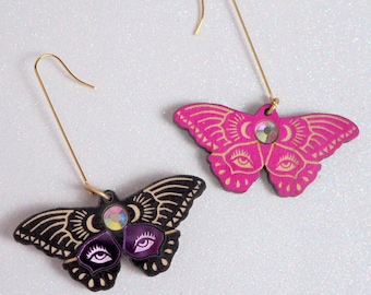 Magic moth earring with moon and eyes, protection jewelry for cute goths & queers, Halloween jewelry