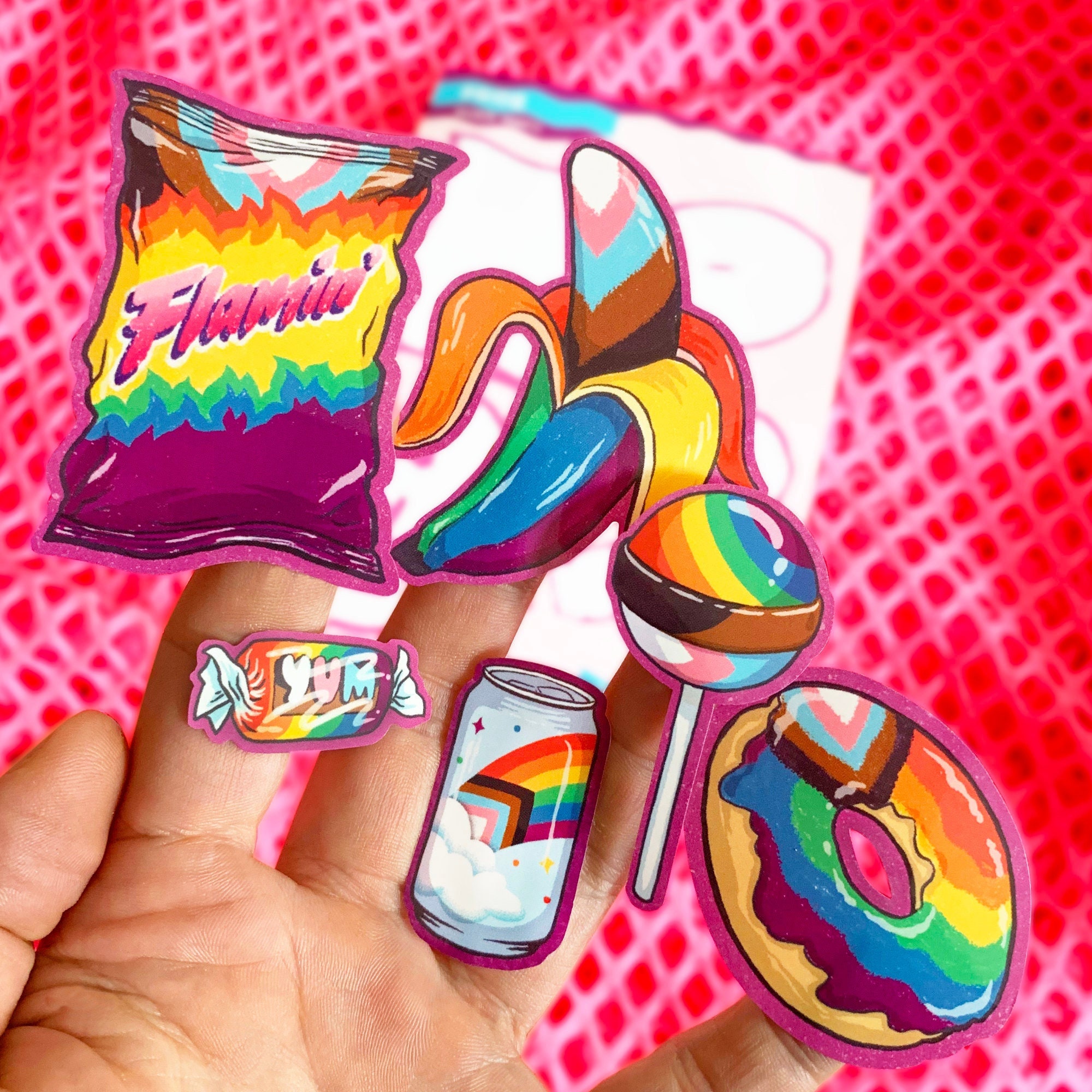Queer snacks sticker sheet, lesbian, gay men, bisexual, pansexual, trans, nonbinary, agender, ace, aro, intersex, vinyl waterproof permanent