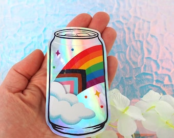 Queer pride flag stickers, progress pride decal, rainbow soda, cute pride merch