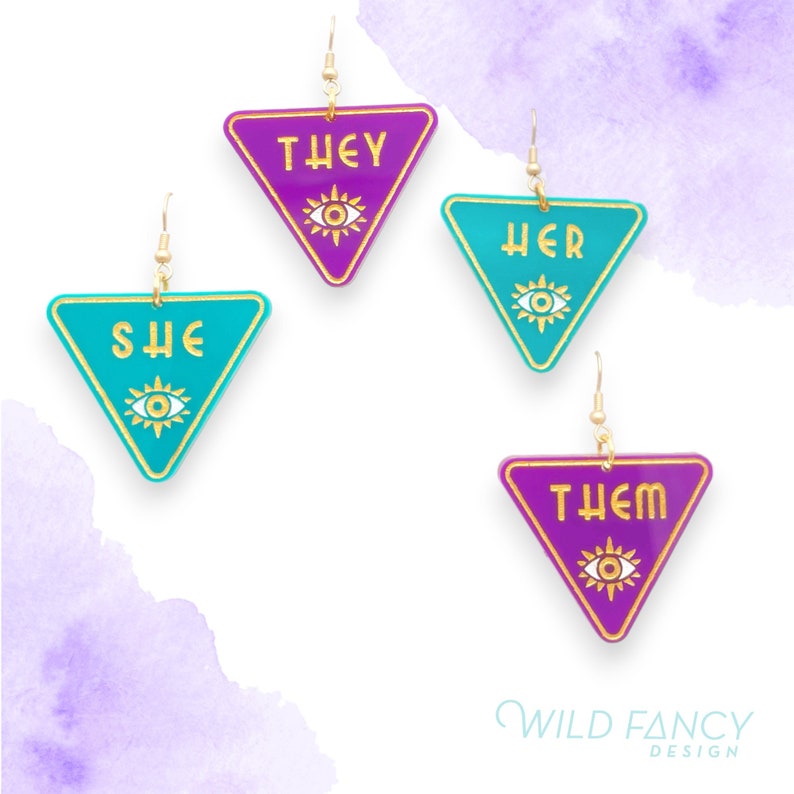 Pronoun earring, trans nonbinary earrings, queer liberation, trans pride, neopronouns, teal purple gold image 2