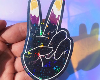 Adesivos holográficos de mãos não binárias | bandeira do orgulho, sinal de paz, vinil brilhante à prova d'água permanente, para planejadores, garrafas de água, laptops
