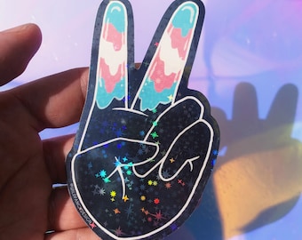 trans hands holographic stickers | pride flag, peace sign, sparkling vinyl waterproof permanent, for planners, water bottles, laptops