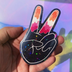 lesbian hands holographic stickers | pride flag, peace sign, sparkling vinyl waterproof permanent, for planners, water bottles, laptops