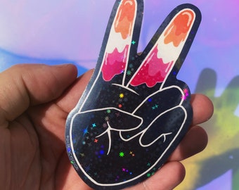 lesbian hands holographic stickers | pride flag, peace sign, sparkling vinyl waterproof permanent, for planners, water bottles, laptops