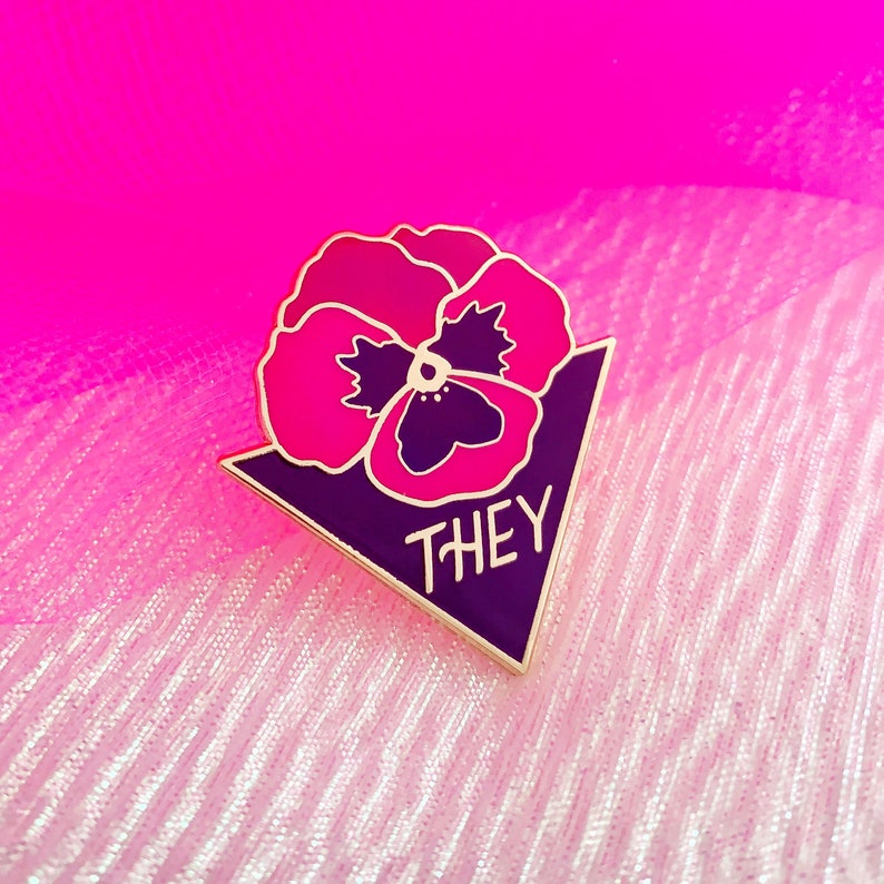 THEY pansy enamel pin they them pronouns, queer jewelry, trans liberation, nonbinary pin, queer magic, trans pride, nonbinary pride, queer image 2