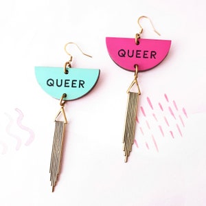 Queer earrings with golden brass comet dangle, purple or mint aqua