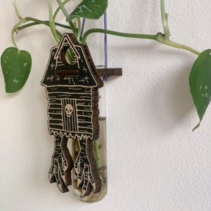 May include: A wooden house-shaped propagation station with a skull on the door and claw feet. The house holds a clear glass tube for a plant cutting. The house is brown with black etched details and is hanging on a wall with a green plant.