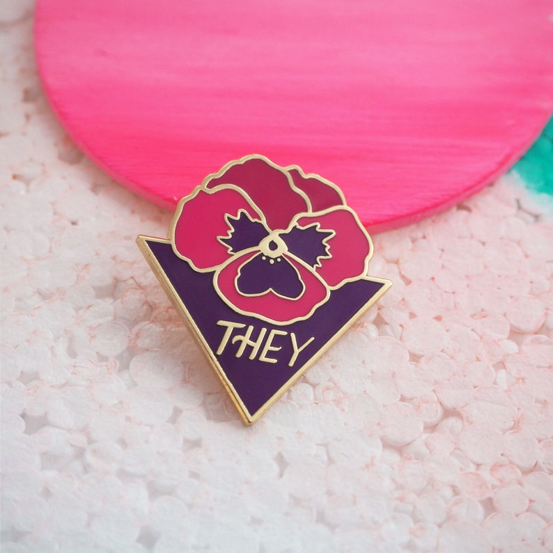 THEY pansy enamel pin they them pronouns, queer jewelry, trans liberation, nonbinary pin, queer magic, trans pride, nonbinary pride, queer image 5