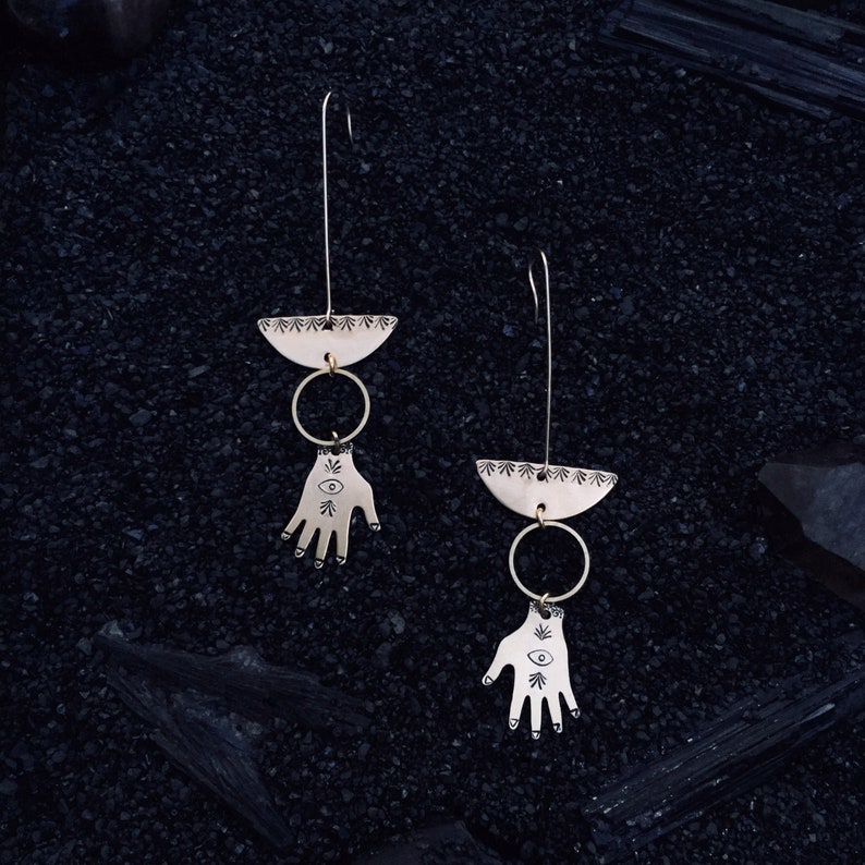 eye Singularity earrings ~ handstamped vintage brass with ring hand
