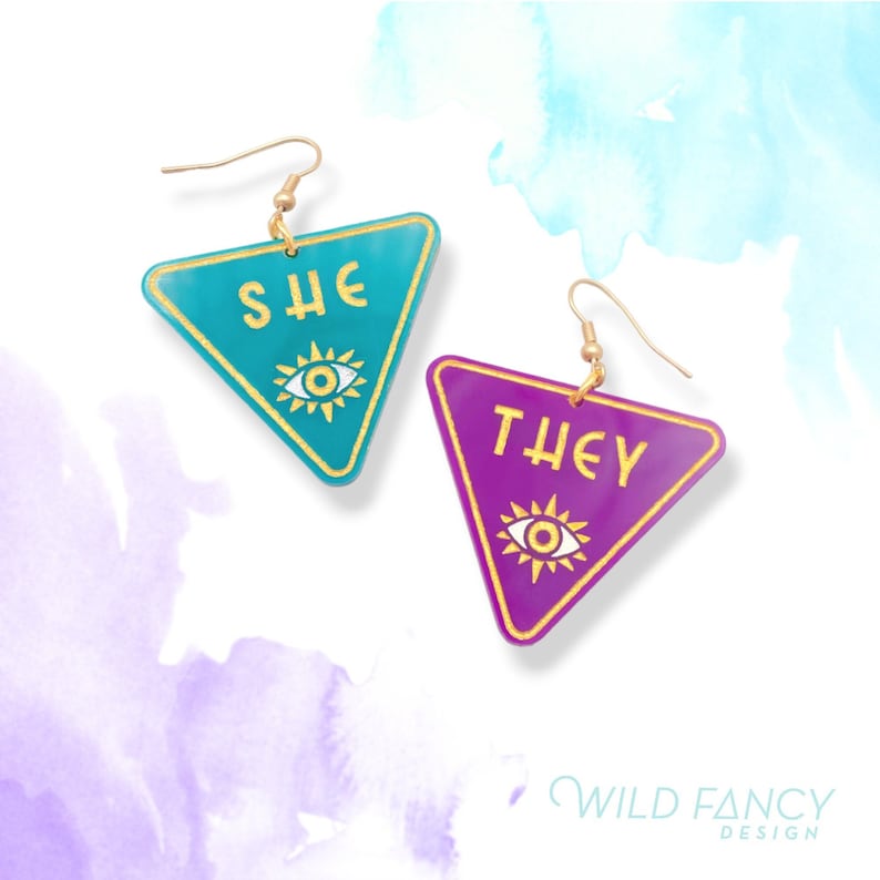 Pronoun earring, trans nonbinary earrings, queer liberation, trans pride, neopronouns, teal purple gold image 1