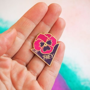 THEY pansy enamel pin they them pronouns, queer jewelry, trans liberation, nonbinary pin, queer magic, trans pride, nonbinary pride, queer image 6