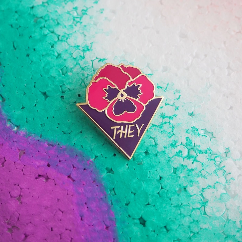 THEY pansy enamel pin they them pronouns, queer jewelry, trans liberation, nonbinary pin, queer magic, trans pride, nonbinary pride, queer image 7