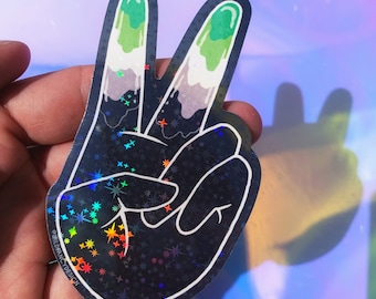 Adesivos holográficos de mãos aromânticas | bandeira do orgulho, sinal de paz, vinil brilhante à prova d'água permanente, para planejadores, garrafas de água, laptops