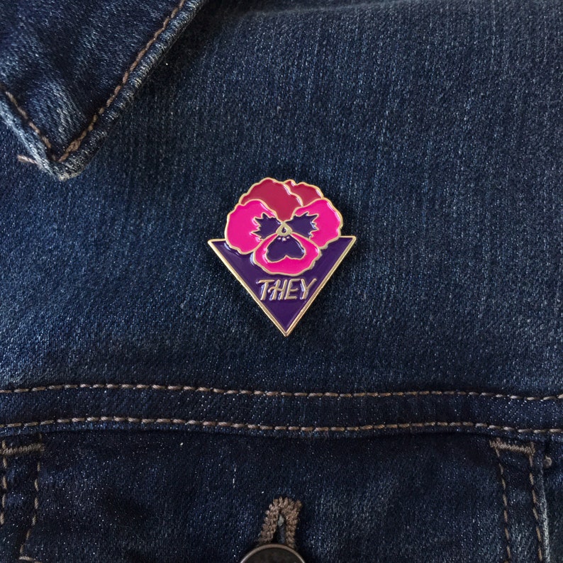 THEY pansy enamel pin they them pronouns, queer jewelry, trans liberation, nonbinary pin, queer magic, trans pride, nonbinary pride, queer image 3