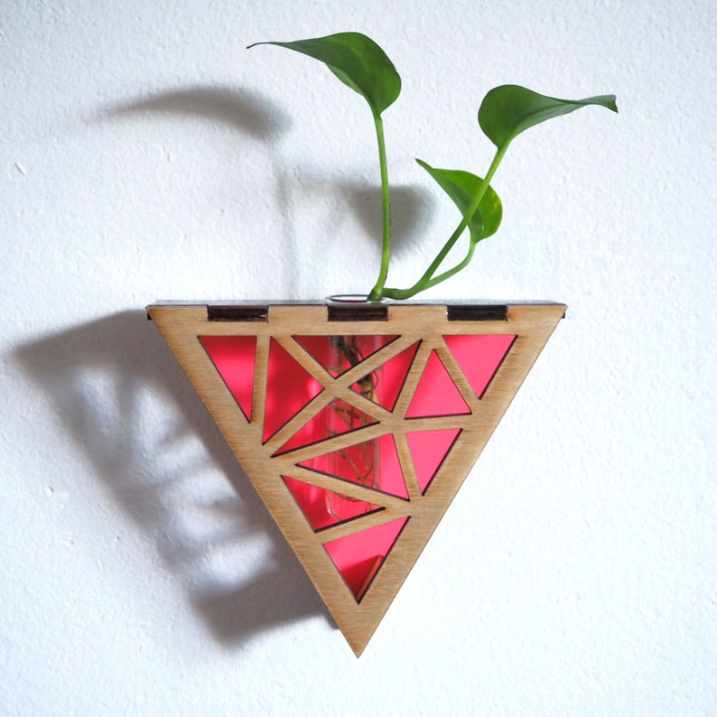 Triangle plant propagation station hot coral handpainted wood image 1