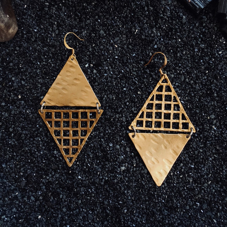 Power Grid earrings : asymmetrical hand-stamped brass triangles image 1