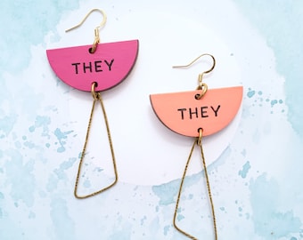 THEY/THEM earrings ~ sold as singles ~ handpainted wood semicircles with asymmetrical brass triangles