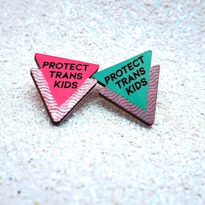 Protect Trans Kids pin, LGBTQ pride, trans liberation, nonbinary, pink teal, 80s 90s vibes, vaporwave aesthetic, handmade, queer owned shop