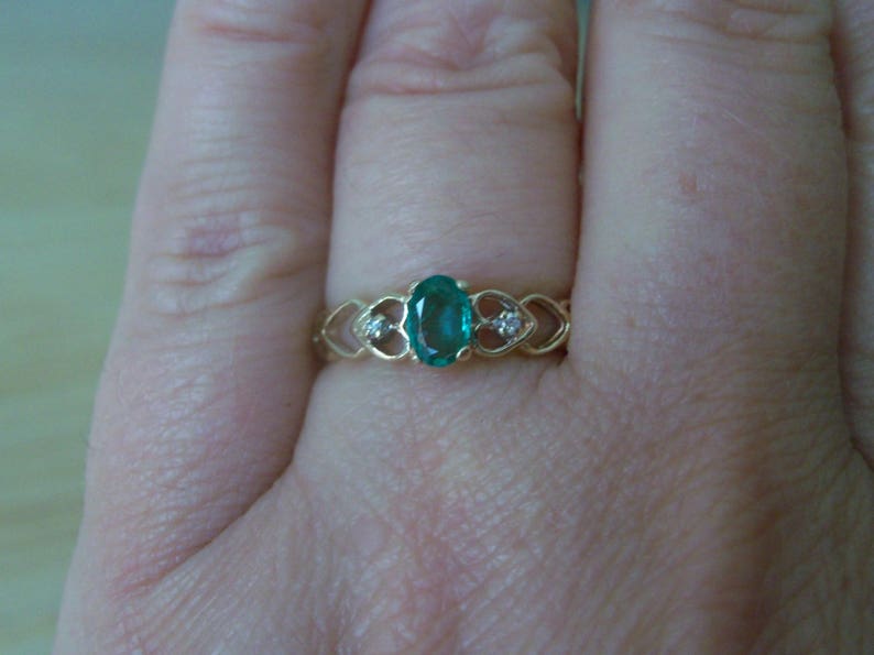 Vintage Dainty Natural Emerald Oval and Diamond Accent Ring in Yellow Gold