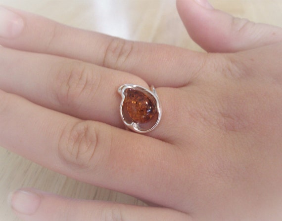 Vintage Natural Amber Pear Shape Stone Ring Set i… - image 5
