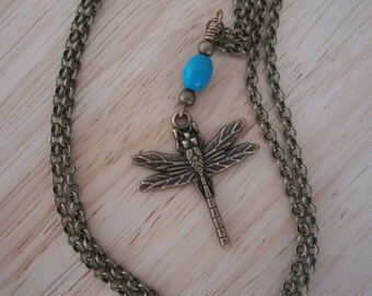 Handmade Brass Dragonfly and Natural Turquoise Necklace