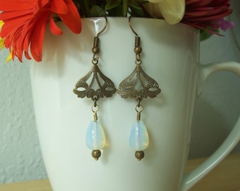 Handmade Brass and Natural Moonstone Art Nouveau Style Earrings